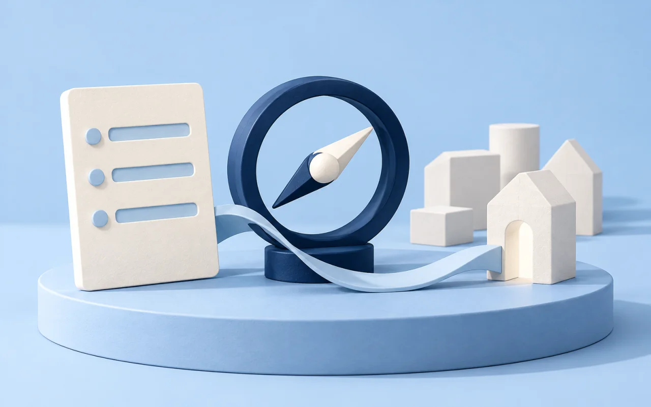 A sculptural brief and navy compass connected to a chosen architectural block