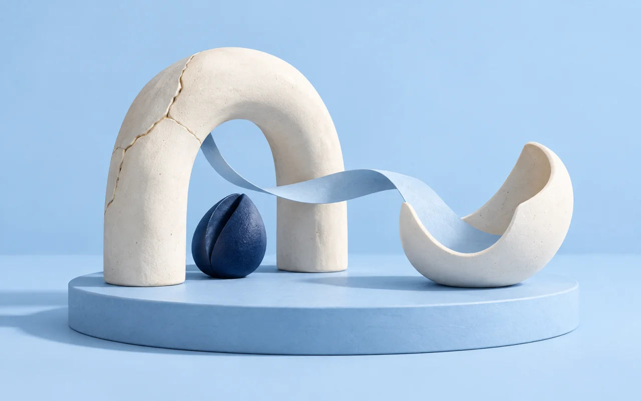A repaired ceramic arch shelters a navy seed beside an open sculptural form