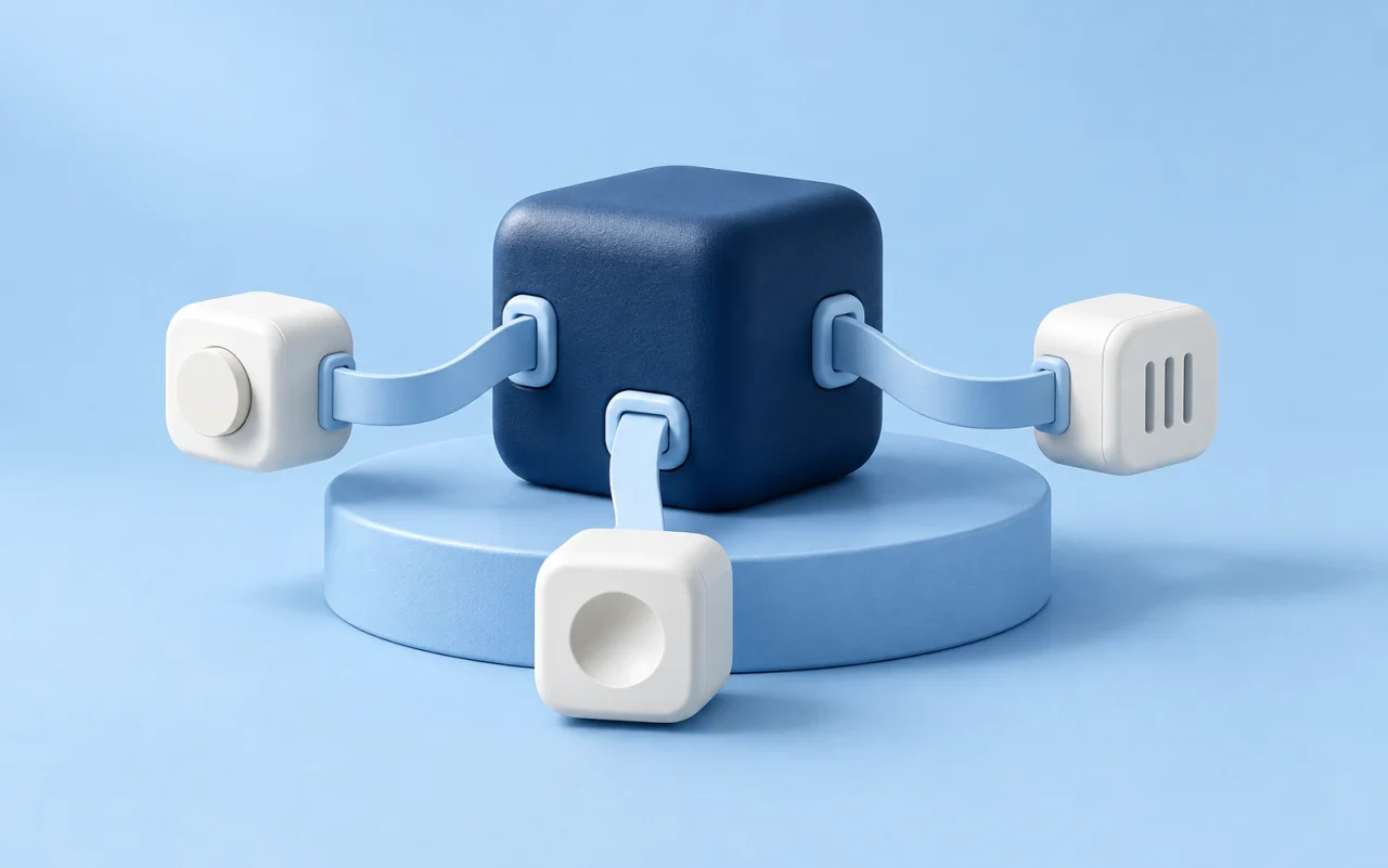 A small navy core with three detachable white connectors and blue ribbons