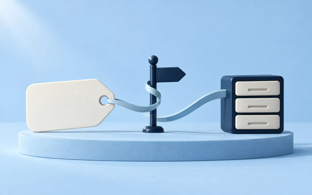 A warm-white address tag joined by a ribbon to a navy server block