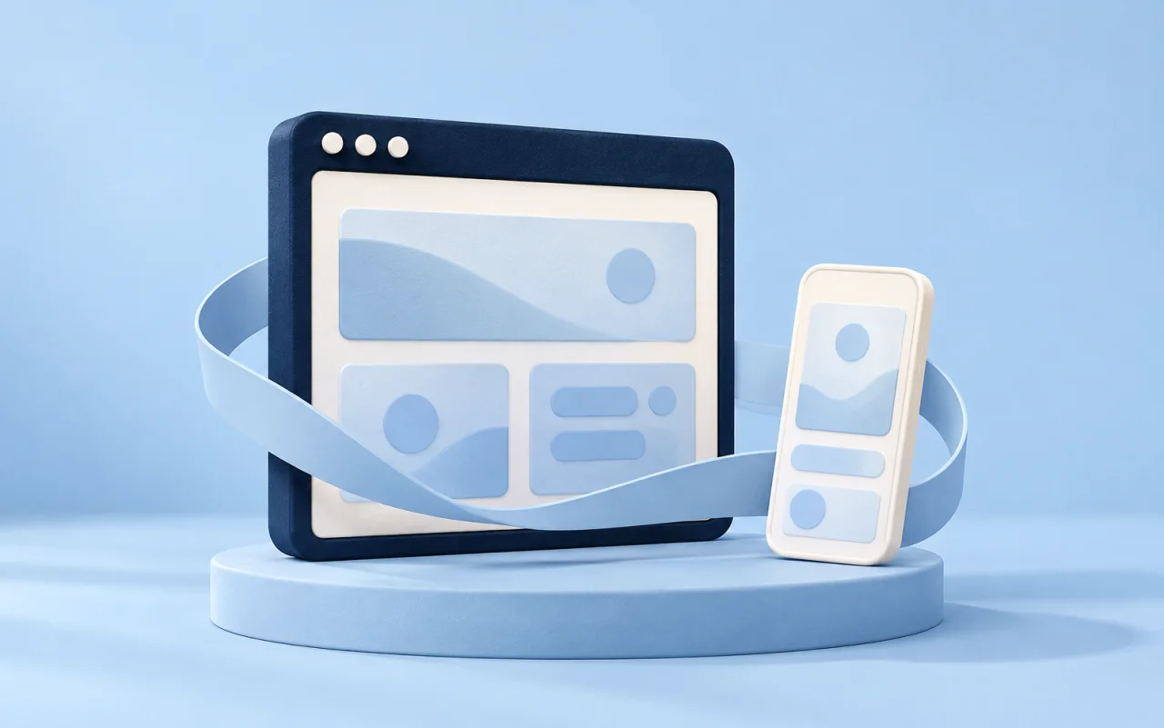 A browser-window sculpture linked to a smaller phone