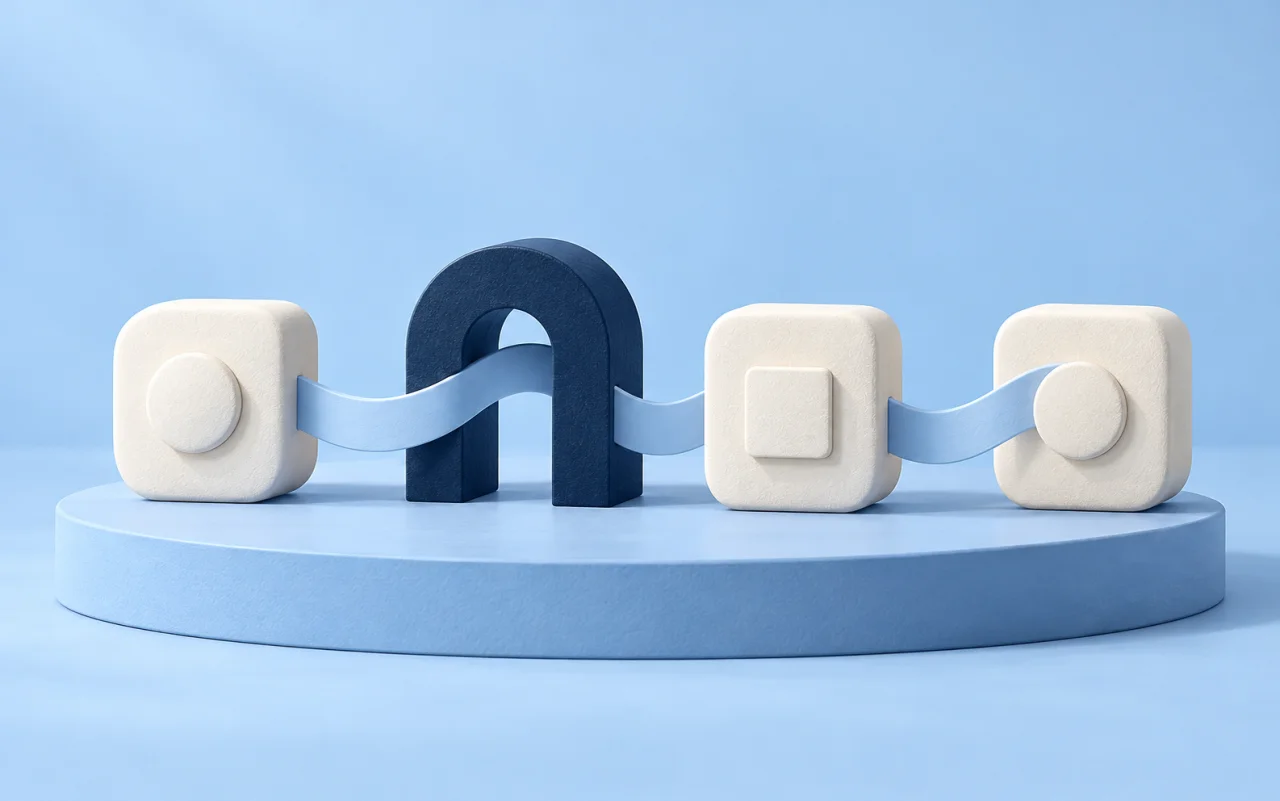 Three sculptural tools connected through a navy routing arch